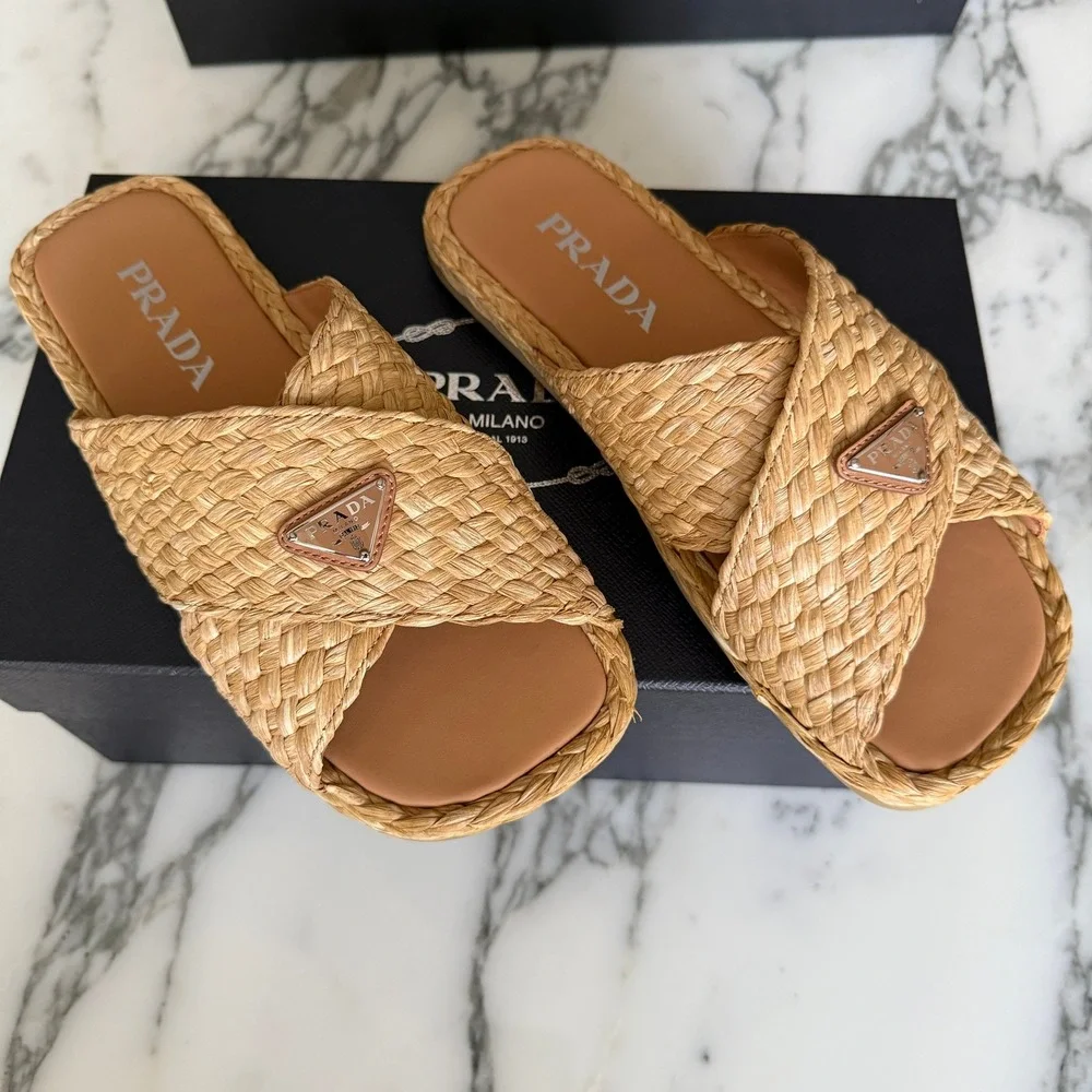 Prada 2X3142 Mens Woven Raffia Cross Strap Slide Sandals Beige Tan UK 7 (FIT LG)